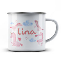 Krümelfreude® Pink Einhorn Einhörner Kindertasse mit Namen Emailletasse Campingbecher Tasse Emaillebecher Kindertasse Becher