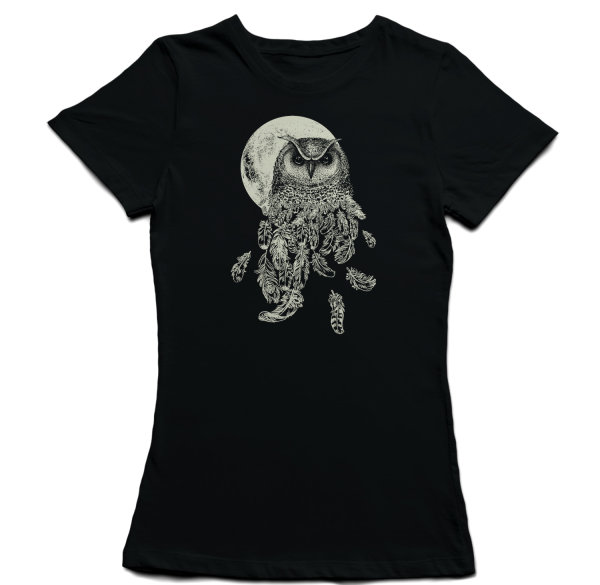 Owl Moon Rundhals Damen M-Fit T-Shirt black m