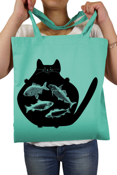 Catfish - Stoffbeutel bedruckt - lange Henkel bedruckte Jutebeutel Tasche Beutel Katze Cat mint